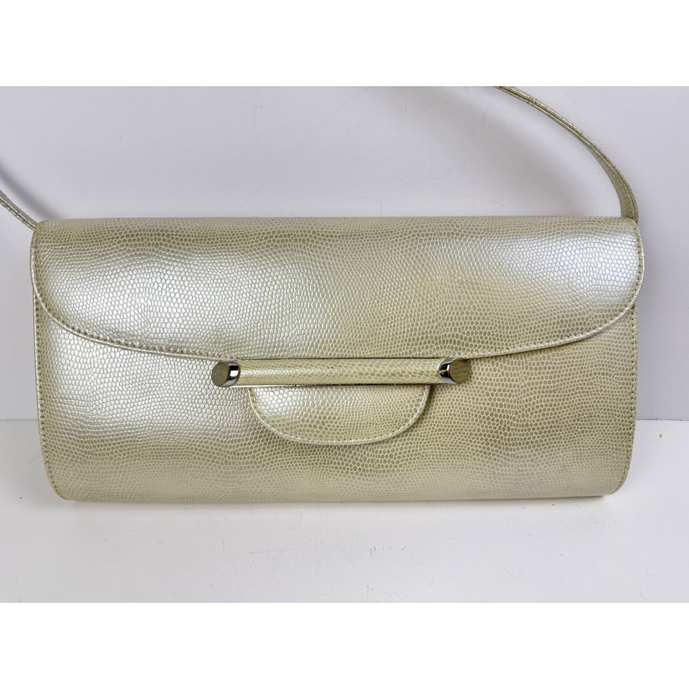 Vintage Champagne Pearl Metallic Lizard Embossed Convertible Clutch Shoulder Bag